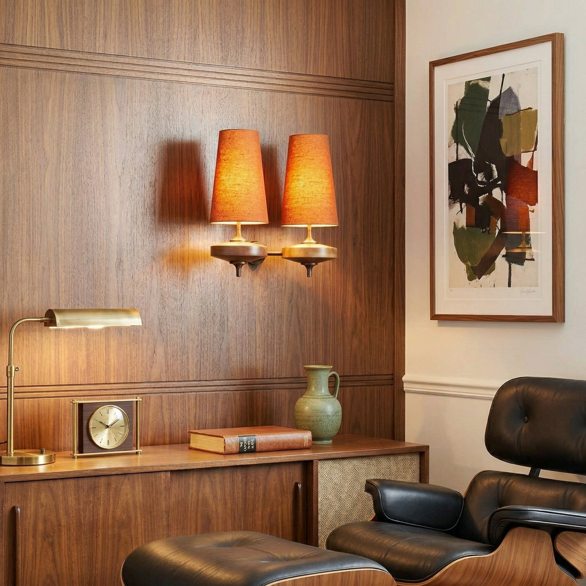 Walnut and Brass Wall Lamp with Linen Shade – image 9