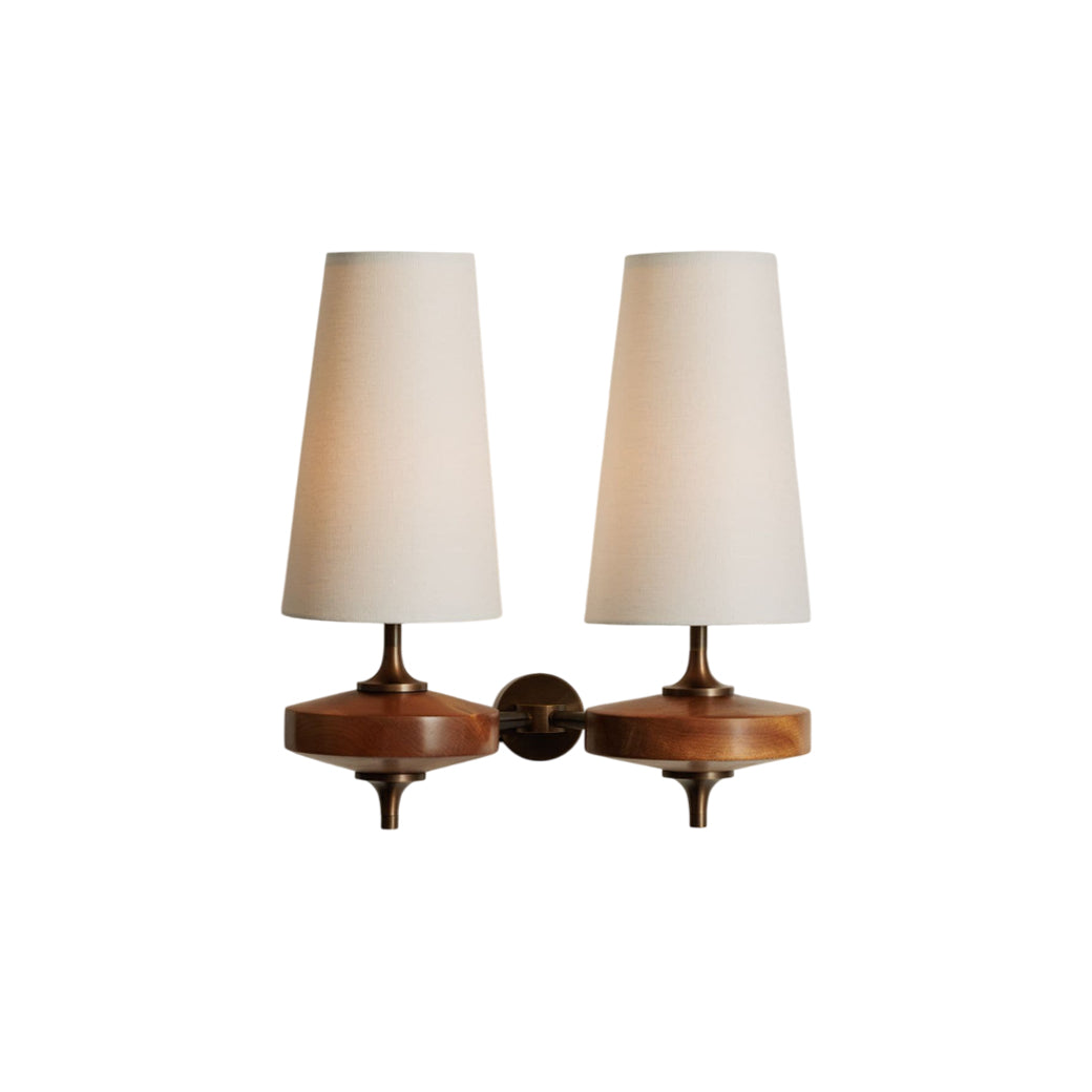 Walnut and Brass Wall Lamp with Linen Shade – image 1