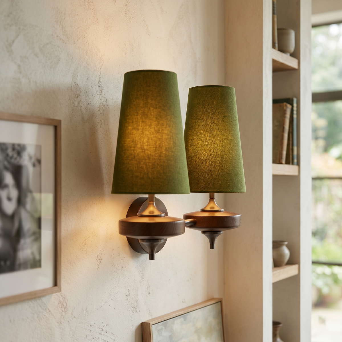 Walnut and Brass Wall Lamp with Linen Shade – image 7