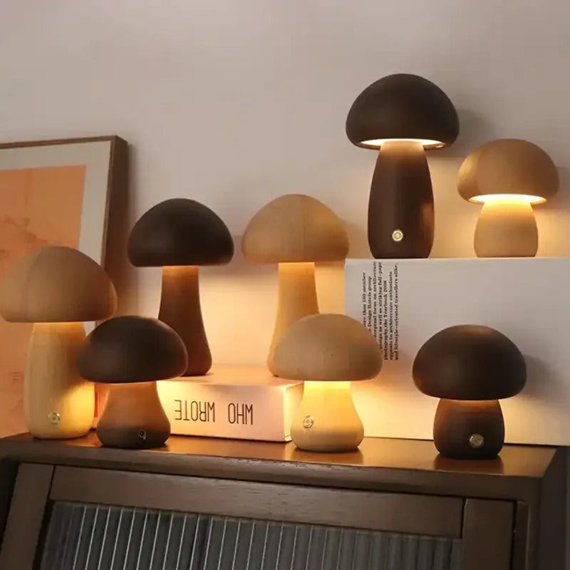Wood-Effect Mushroom LED Night Light – Dimmable Touch Lamp