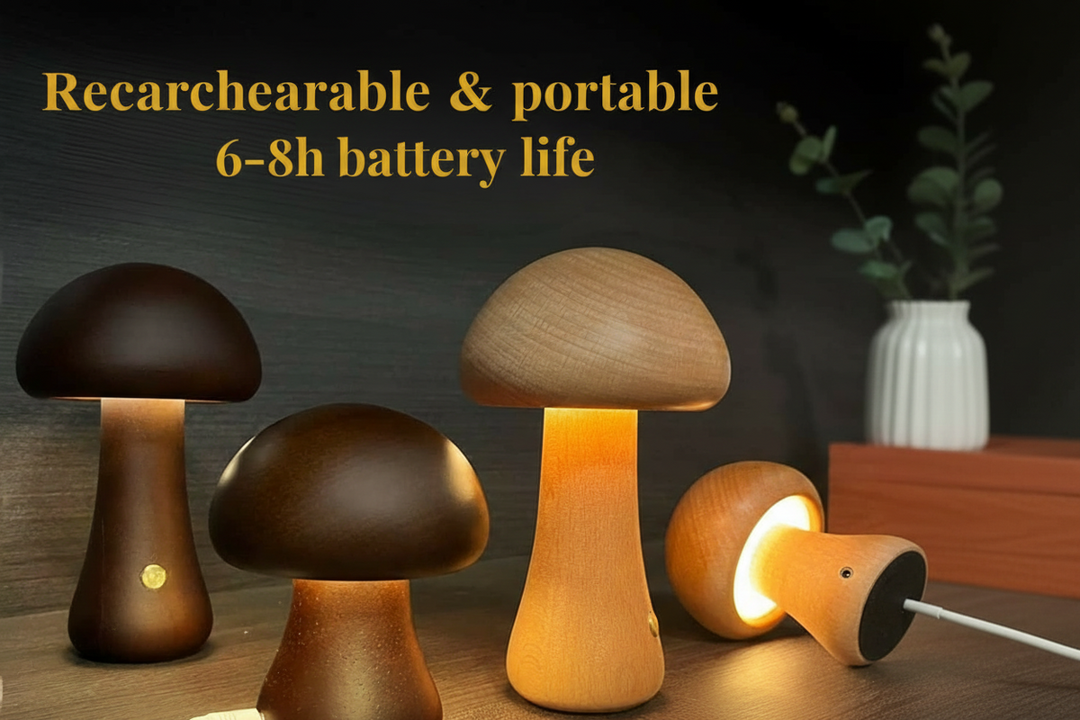 Wood-Effect Mushroom LED Night Light – Dimmable Touch Lamp