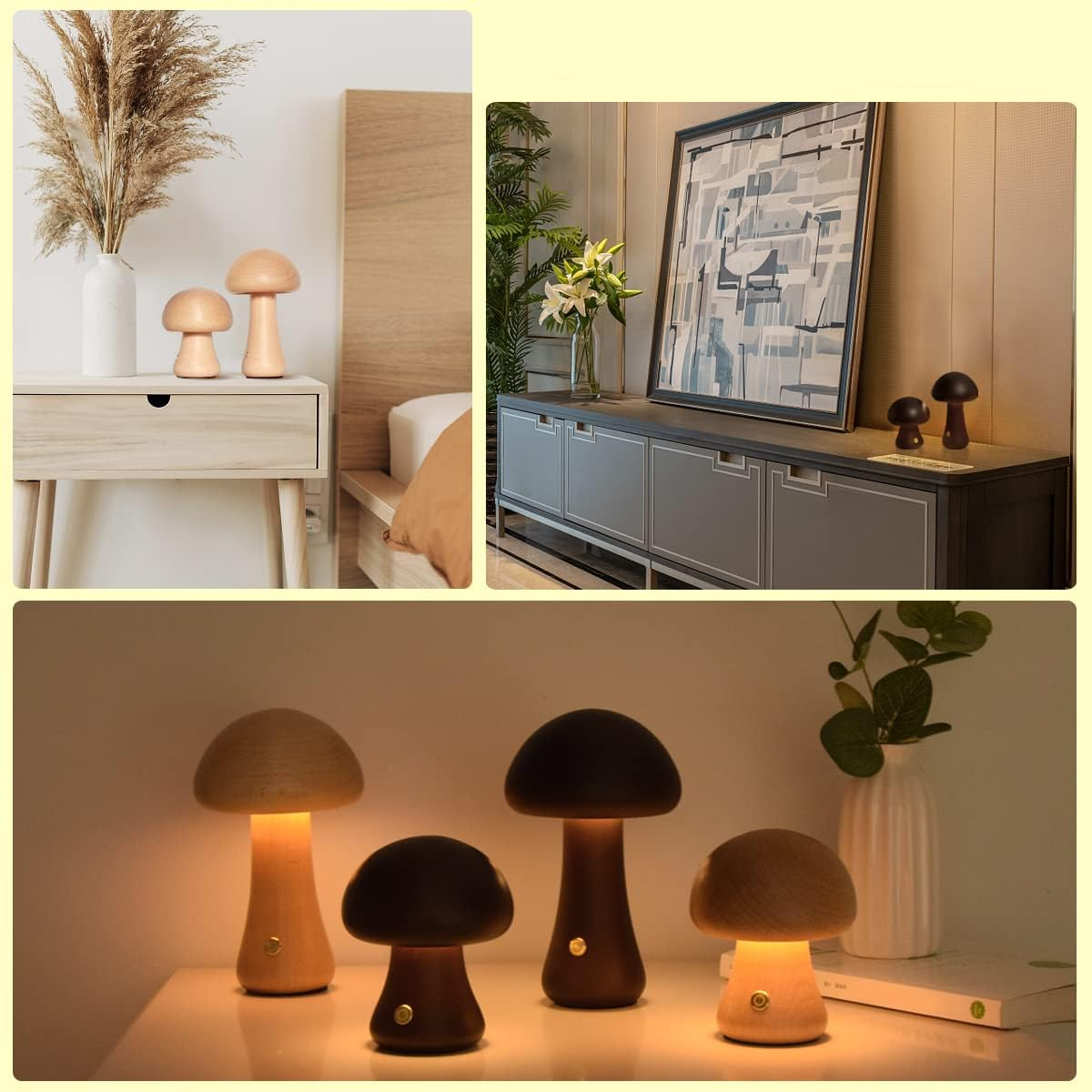 Wood-Effect Mushroom LED Night Light – Dimmable Touch Lamp