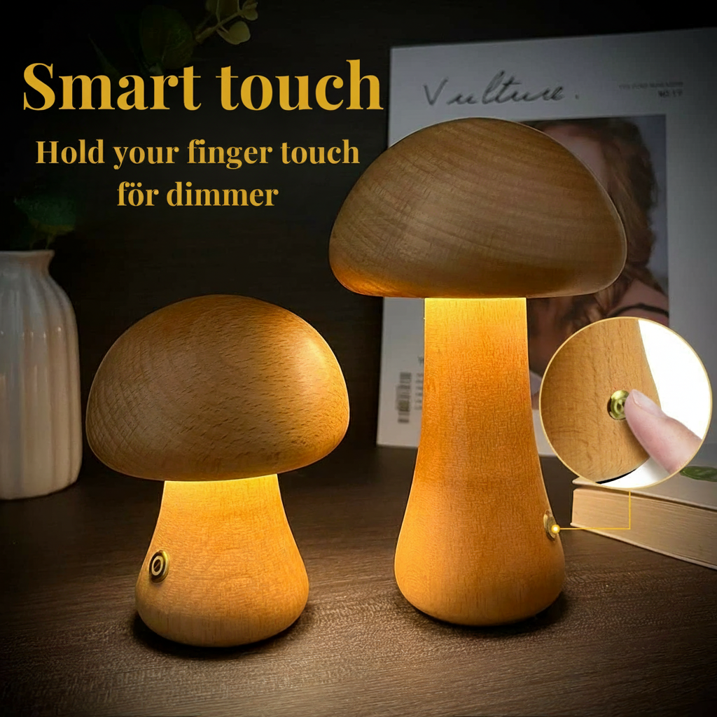 Wood-Effect Mushroom LED Night Light – Dimmable Touch Lamp