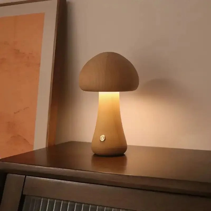 Wood-Effect Mushroom LED Night Light – Dimmable Touch Lamp