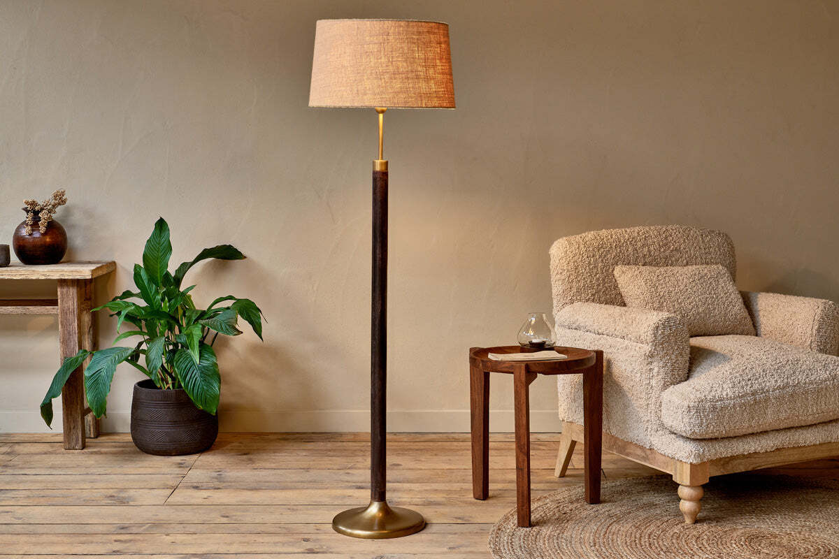 Dark-stain mango wood and antique-brass floor lamp base