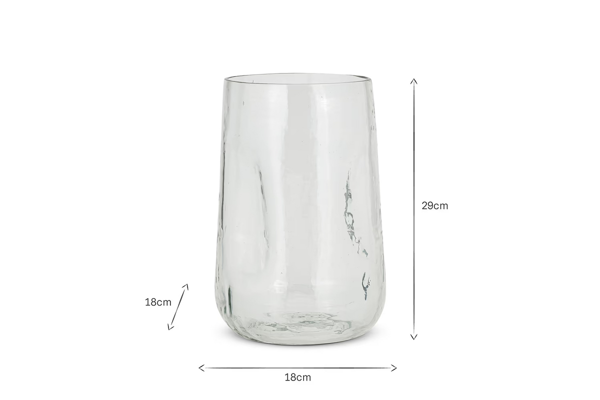 Clear recycled glass vase product view with dimensions