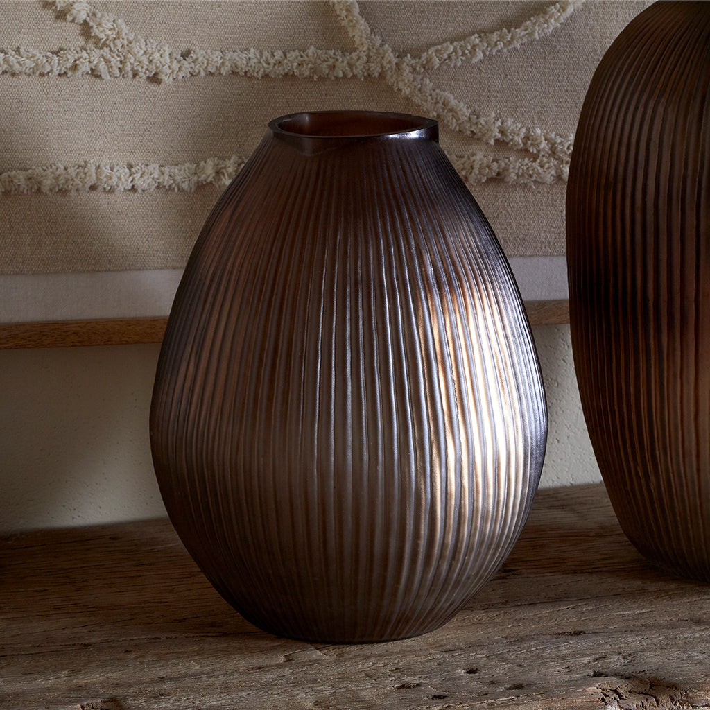 Close view of the smoke brown ribbed recycled glass vase