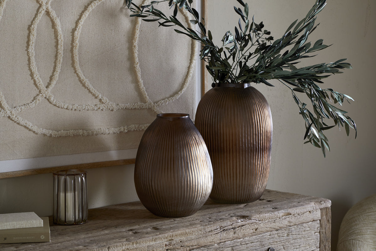 Ribbed smoke-brown recycled glass vase