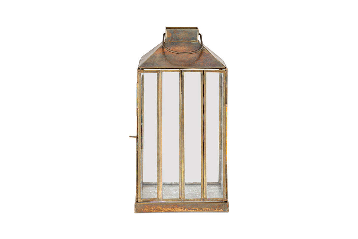 Small aged metal and glass candle lantern