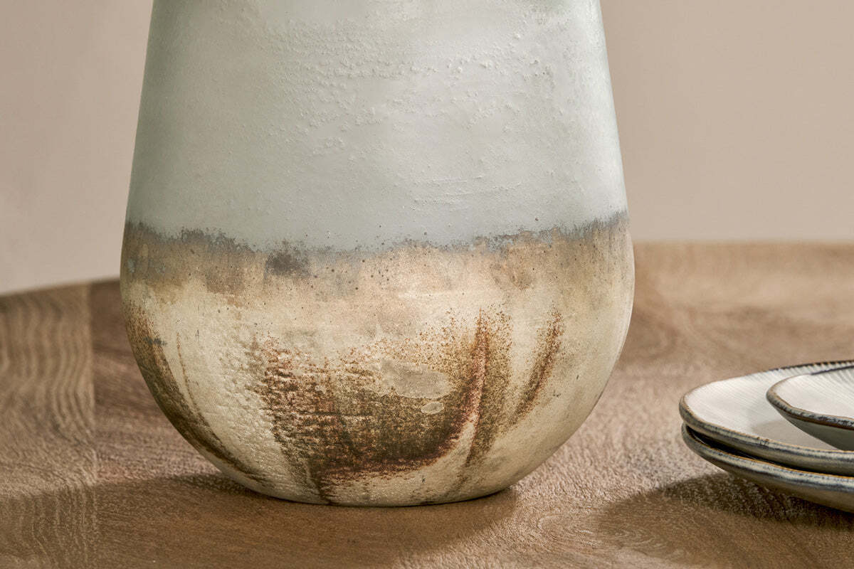 Aged smoke recycled glass vase close view