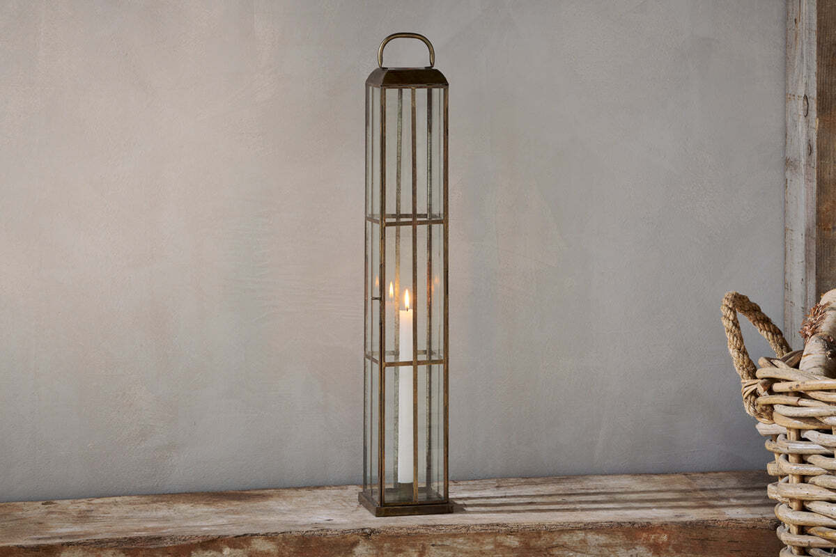 Close view of the antique brass candle lantern